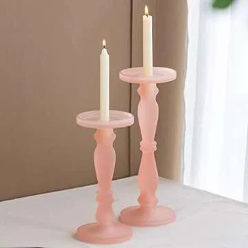 A&B Home Frosted Glass Candle Holder Set - Set of 2 Glass Pedestal Candle Holder, Decorative Pillar Candle Holder, Living Room Entryway Console Table End Table Accent Piece Home Decor, Pink