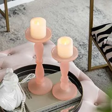 A&B Home Frosted Glass Candle Holder Set - Set of 2 Glass Pedestal Candle Holder, Decorative Pillar Candle Holder, Living Room Entryway Console Table End Table Accent Piece Home Decor, Pink