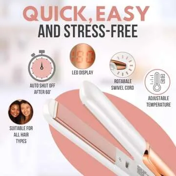 Lily England Hair Straightener and Curler, Adjustable Temperature, Dual Voltage 1 Inch Ceramic Rose Gold Flat Iron, Hair Straightener Curling Iron in One