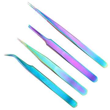 HERIS 4pcs Rainbow Stainless Steel Tweezers Kit Anti-Static Precision Tweezers Set For Eyelash Exten...