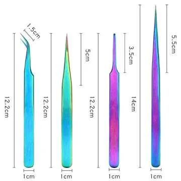 HERIS 4pcs Rainbow Stainless Steel Tweezers Kit Anti-Static Precision Tweezers Set For Eyelash Extension Facial Hair Eyebrows Nail Art