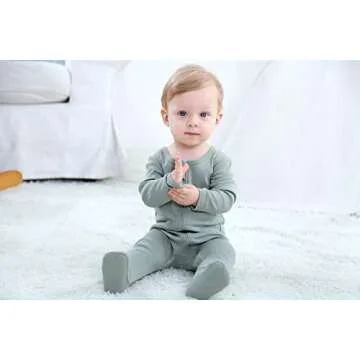 O2 BABY Baby Boys Girls Organic Cotton Zip Front Sleeper Pajamas, Footed Sleep 'n Play（0-3 Months, Sage）