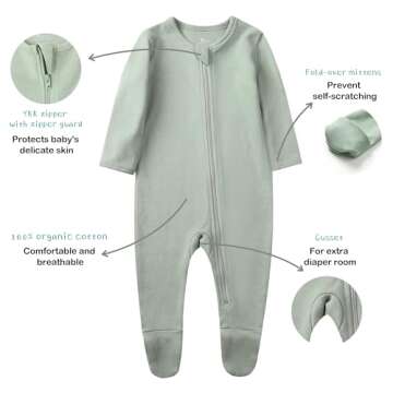 O2 BABY Baby Boys Girls Organic Cotton Zip Front Sleeper Pajamas, Footed Sleep 'n Play（0-3 Months, Sage）
