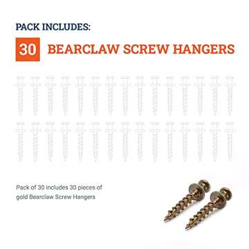 Bear Claw Screw Hanger Gold - 30lb Picture Hooks - 4-in-1 Picture Hanging Screws for D-Rings, Sawtooth, Wire and Keyholes - Mounts in Drywall and Wood Studs 30 Pack