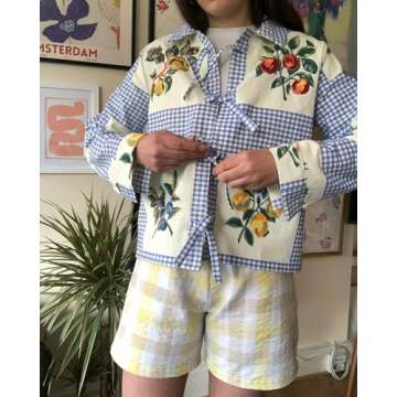 Kodaruber Summer Fruit Gingham Blouse for Women Y2K Long Sleeve Tie Front Loose Fit Shirt Teen Girls...