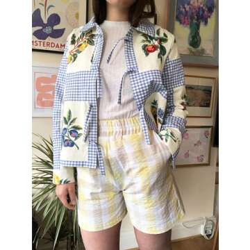 Kodaruber Summer Fruit Gingham Blouse for Women Y2K Long Sleeve Tie Front Loose Fit Shirt Teen Girls Cute Lace Up Tops(Blue,Small)