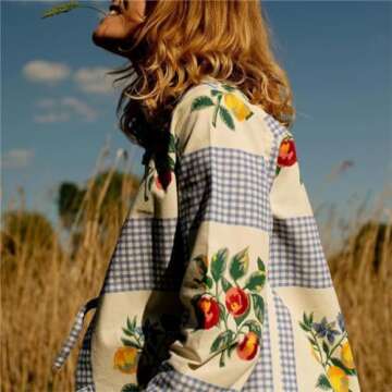 Kodaruber Summer Fruit Gingham Blouse for Women Y2K Long Sleeve Tie Front Loose Fit Shirt Teen Girls Cute Lace Up Tops(Blue,Small)