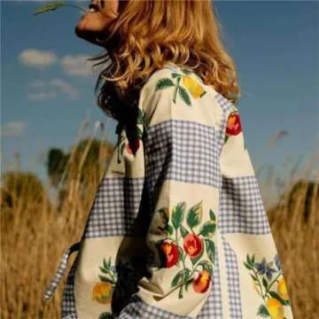 Kodaruber Summer Fruit Gingham Blouse for Women Y2K Long Sleeve Tie Front Loose Fit Shirt Teen Girls Cute Lace Up Tops(Blue,Small)