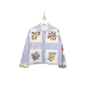 Kodaruber Summer Fruit Gingham Blouse for Women Y2K Long Sleeve Tie Front Loose Fit Shirt Teen Girls Cute Lace Up Tops(Blue,Small)