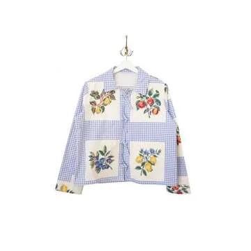 Kodaruber Summer Fruit Gingham Blouse for Women Y2K Long Sleeve Tie Front Loose Fit Shirt Teen Girls Cute Lace Up Tops(Blue,Small)