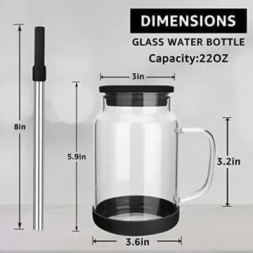 Tronco 22 oz Glass Tumbler with Handle,Glass Water Bottles with Silicone Lid and Straw,Iced Coffee Cup Reusable, Iced Coffee,Glass Water Cup With Silicone Bumper, BPA Free