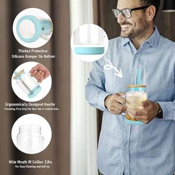 Tronco 22 oz Glass Tumbler with Handle,Glass Water Bottles with Silicone Lid and Straw,Iced Coffee Cup Reusable, Iced Coffee,Glass Water Cup With Silicone Bumper, BPA Free