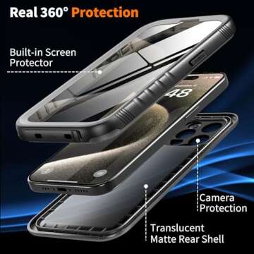 Cozycase for iPhone 15 Pro Max Waterproof Shockproof Dustproof Case - Heavy Duty/360 Full Body/Military Grade/Protective/Rugged 【8FT Drop Proof】 Built in Screen/Camera Protector with Lanyard Black