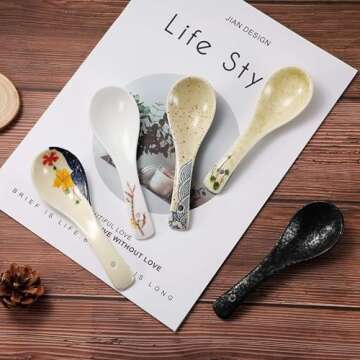 6 Pieces Japanese Retro Ceramics Soup Spoons Asian Soup Spoons Japanese Style Rice Spoon Flatware Chinese Serving Spoons Appetizers Tableware Meal Partner for Salad Ramen Noodles Wonton