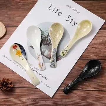6 Pieces Japanese Retro Ceramics Soup Spoons Asian Soup Spoons Japanese Style Rice Spoon Flatware Chinese Serving Spoons Appetizers Tableware Meal Partner for Salad Ramen Noodles Wonton