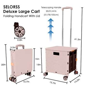SELORSS Foldable Utility Cart Portable Collapsible Crate Rolling Carts with Wheels Rolling Tote Basket Teacher Cart with Lid Wear-Resistant 360°Rotate Wheel Noiseless for Shopping Storage Office Use