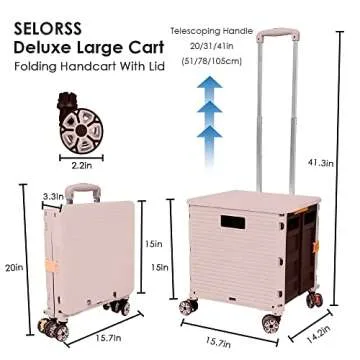 SELORSS Foldable Utility Cart Portable Collapsible Crate Rolling Carts with Wheels Rolling Tote Basket Teacher Cart with Lid Wear-Resistant 360°Rotate Wheel Noiseless for Shopping Storage Office Use