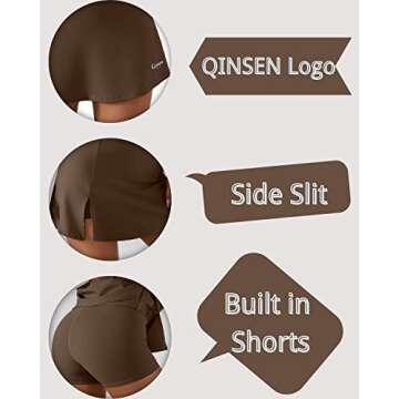 QINSEN Woman's Tennis Skirts Inner Shorts Elastic Sports Golf Skorts for Running Exercise Brown L
