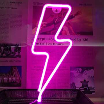 Lightning Neon Signs, Neon Signs for Wall Decor, LED Lightning Bolt Neon Sign, Battery or USB Powered Neon Lights for Bedroom Wall, Halloween, Christmas, Birthday Party, Living Room, Boys Room (Pink)