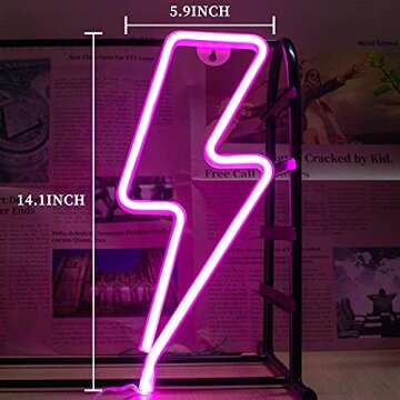 Lightning Neon Signs, Neon Signs for Wall Decor, LED Lightning Bolt Neon Sign, Battery or USB Powered Neon Lights for Bedroom Wall, Halloween, Christmas, Birthday Party, Living Room, Boys Room (Pink)