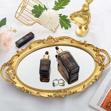 Yujiko Mirrored Tray,Decorative Mirror Tray Vantity Tray Antique Tray for Perfume Cosmetics Makeup Storage Organizer and Display,Dresser Jewelry Organizer,Serving Tray,9.8inch x 14inch (Gold)