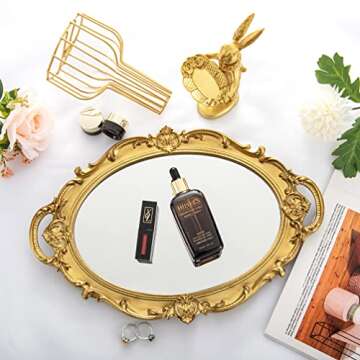 Yujiko Mirrored Tray,Decorative Mirror Tray Vantity Tray Antique Tray for Perfume Cosmetics Makeup Storage Organizer and Display,Dresser Jewelry Organizer,Serving Tray,9.8inch x 14inch (Gold)