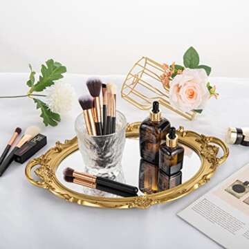 Yujiko Mirrored Tray,Decorative Mirror Tray Vantity Tray Antique Tray for Perfume Cosmetics Makeup Storage Organizer and Display,Dresser Jewelry Organizer,Serving Tray,9.8inch x 14inch (Gold)