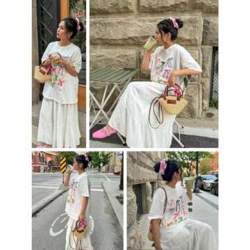 Aelfric Eden Bow Shirt for Women Oversized Graphic Tees Y2K Cute Print Short Sleeve T-Shirt Casual Summer Cotton Top White