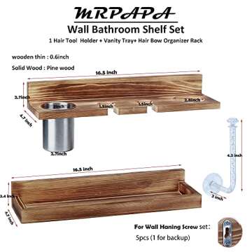 Hair Tool Organizer Wall Mount,2 Layer Rustic Blow Dryer Holder, Wooden Bathroom Organizer Storage shelf for Hair tools, Curling Iron, Hot Tools