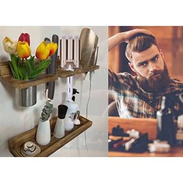 Hair Tool Organizer Wall Mount,2 Layer Rustic Blow Dryer Holder, Wooden Bathroom Organizer Storage shelf for Hair tools, Curling Iron, Hot Tools