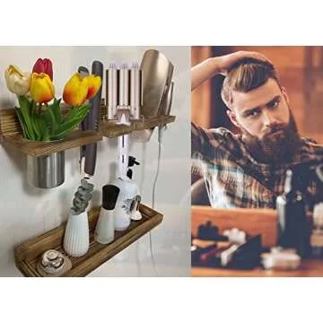Hair Tool Organizer Wall Mount,2 Layer Rustic Blow Dryer Holder, Wooden Bathroom Organizer Storage shelf for Hair tools, Curling Iron, Hot Tools