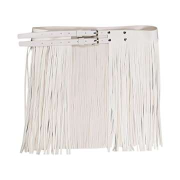 iEFiEL Women Faux Leather Waistband Fringe Tassel Skirt with Adjustable Belt for Party Dance Performance Costume White One Size
