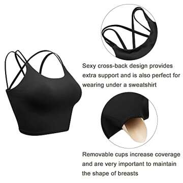 Vorcy Womens Padded Sports Bra Fitness Workout Running Camisole Crop Top with Built in Bra Black