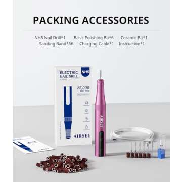 AIRSEE Cordless Electric Nail Drill Machine，Rechargeable 25000RPM E File for Manicure Pedicure Acrylic Polish Gel Remove Professional Portable Fingernail Grinder with 56 Sanding Bands 6 Bits Kit Pink