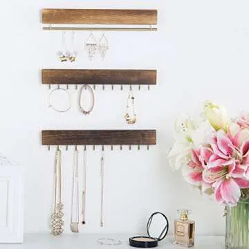 MyGift 3-Piece Wall Jewelry Organizer, Wall-Mounted Rustic Wood and Gold Tone Metal 24 Hook Necklace and Bracelet Storage Rack with Hanging Earring Bar