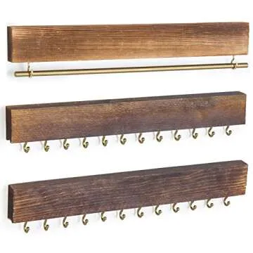 MyGift 3-Piece Wall Jewelry Organizer, Wall-Mounted Rustic Wood and Gold Tone Metal 24 Hook Necklace and Bracelet Storage Rack with Hanging Earring Bar