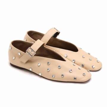 Goolita Sparkly Rhinestone Flats for Women, Square Toe Low Heel Studded Balle Flats Shoes Comfortable Buckle Strap Mary Jane Shoes Apricot