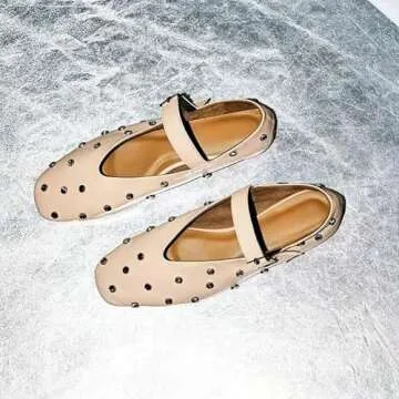 Goolita Sparkly Rhinestone Flats for Women, Square Toe Low Heel Studded Balle Flats Shoes Comfortable Buckle Strap Mary Jane Shoes Apricot