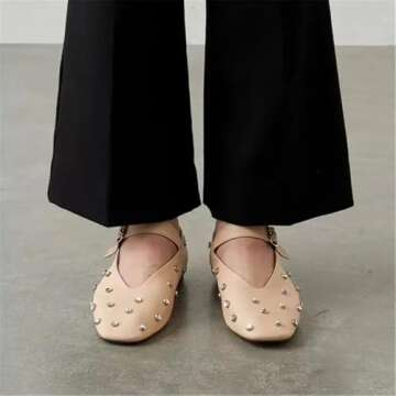 Goolita Sparkly Rhinestone Flats for Women, Square Toe Low Heel Studded Balle Flats Shoes Comfortable Buckle Strap Mary Jane Shoes Apricot