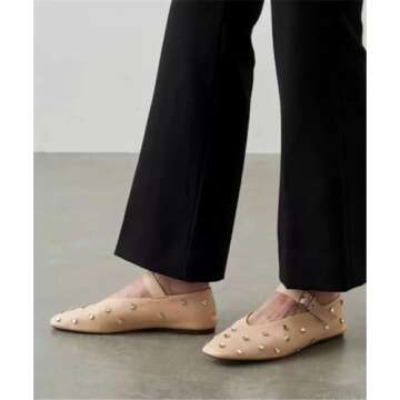 Goolita Sparkly Rhinestone Flats for Women, Square Toe Low Heel Studded Balle Flats Shoes Comfortable Buckle Strap Mary Jane Shoes Apricot