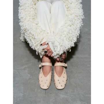 Goolita Sparkly Rhinestone Flats for Women, Square Toe Low Heel Studded Balle Flats Shoes Comfortable Buckle Strap Mary Jane Shoes Apricot