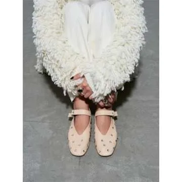 Goolita Sparkly Rhinestone Flats for Women, Square Toe Low Heel Studded Balle Flats Shoes Comfortable Buckle Strap Mary Jane Shoes Apricot