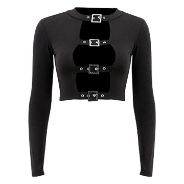 jascaela Women Sexy Hollow Out Long Sleeve Crop Top with Buckle Front for Rave Dance Party