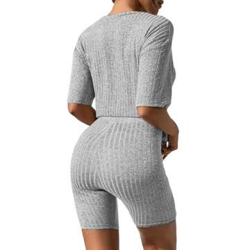Ekouaer Pajamas 2 Piece Lounge Sets Ribbed Knit Matching Outfits T-shirt Biker Shorts Sleepwear Loun...