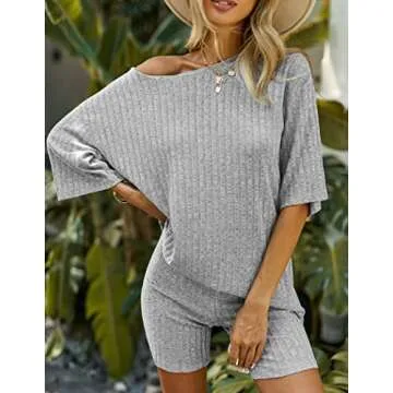 Ekouaer Pajamas 2 Piece Lounge Sets Ribbed Knit Matching Outfits T-shirt Biker Shorts Sleepwear Loungewear Sweatsuits Light Grey Small