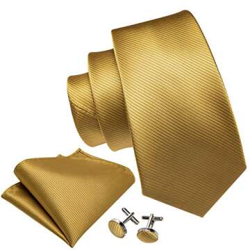 Barry.Wang Mens Ties Silk Tie Pocket Square Cufflinks Set Woven Designer Gold