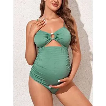 Summer Mae Maternity Swimsuit One Piece Bathing Suit O-Ring Front Pregnancy Swimwear Large Balsam Green