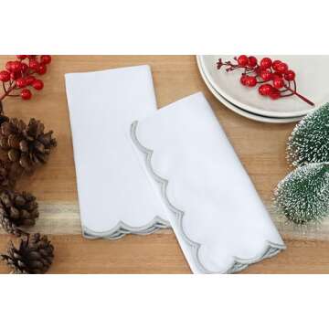 PurpleEssences Scalloped Embroidery Cloth Napkins - Set of 4 Premium Cotton (White) 18x18" - Perfect...