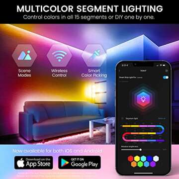 Vont Smart Strip Lights with Multicolor Segmented Lighting, LED Color Changing, Compatible w/Alexa & Google, Music Sync & DIY Mode, 30+ Scenes, 16 Million Colors, Home, Bedroom, Party (16.4 ft)