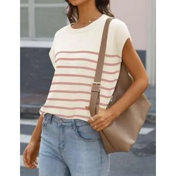 MIROL Women's Cap Sleeve Striped Tops 2025 Batwing Short Sleeve Summer Crewneck Tee Knit Casual Loose Shirts Pink